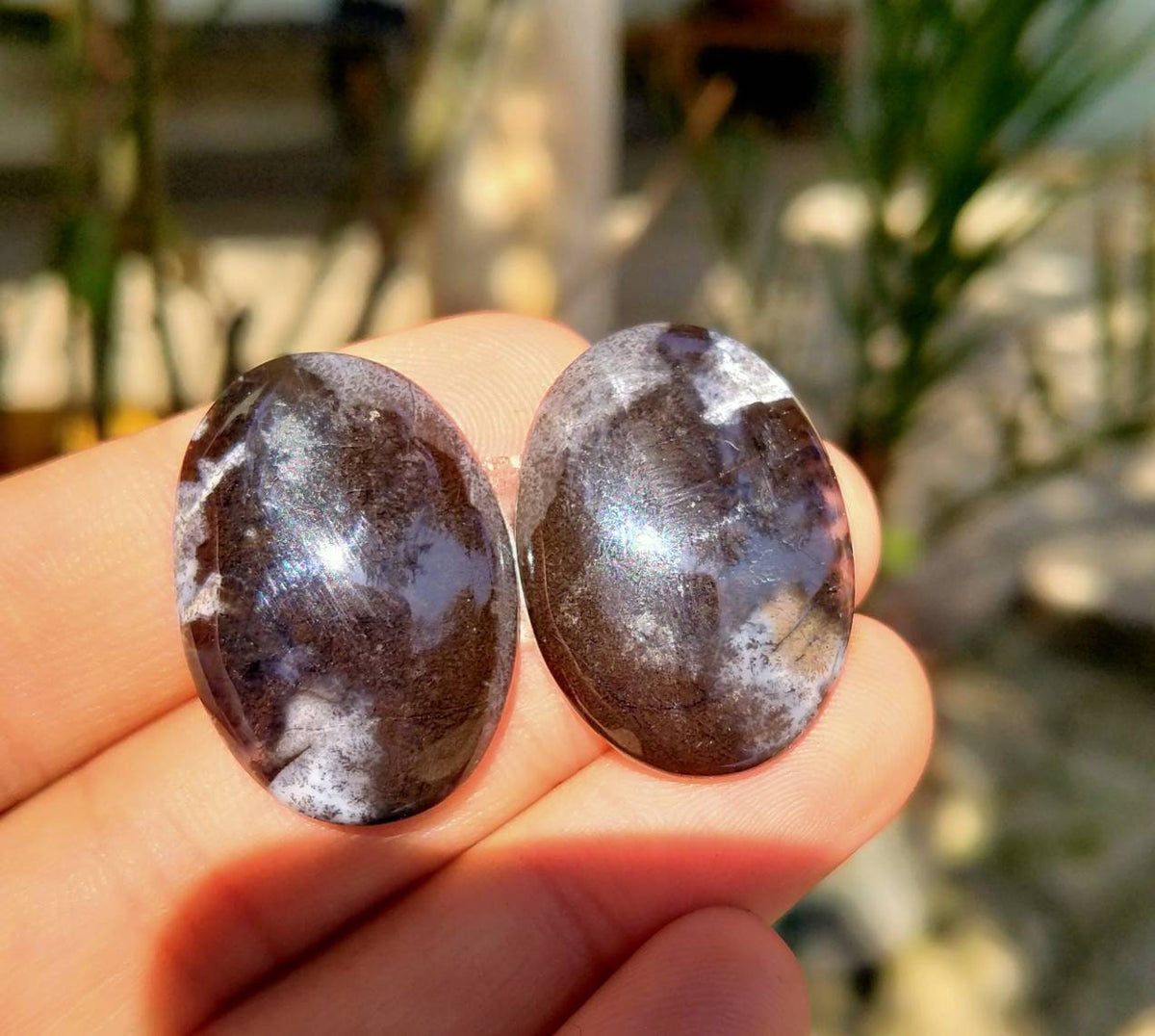 Natural Dendritic Opal Cabochons Pair, Untreated Gemstones