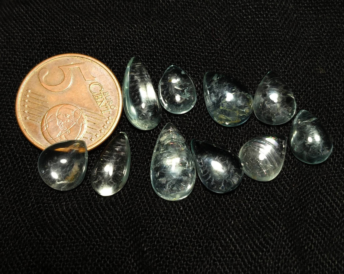 35 Carat Light Blue Aquamarine Cabochons, Untreated Pear Gems - 10 Pieces