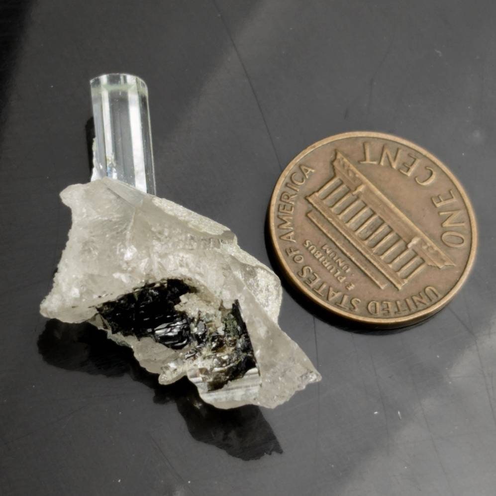 ARSAA GEMS AND MINERALSTerminated single clear aquamarine crystal on matrix on quartz crystal with tourmaline inclusion in quartz weight: 1.2 gram - Premium from ARSAA GEMS AND MINERALS - Just $30.00! Shop now at ARSAA GEMS AND MINERALS