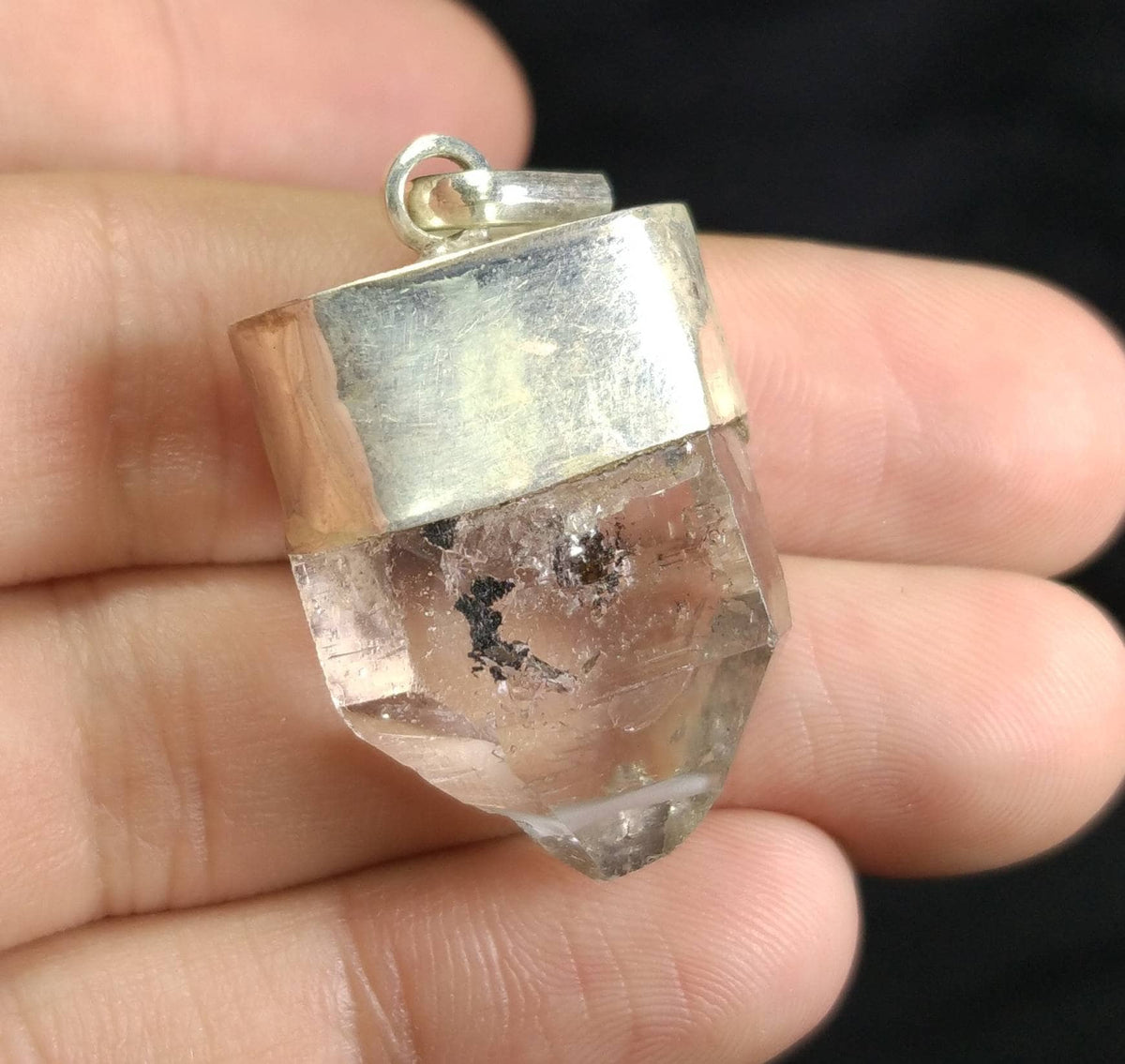 Carbon Included Quartz Crystal Silver Pendants