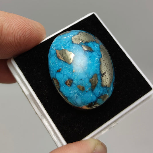 Natural blue turquoise with pyrite cabochon, stabilized, 14.8 grams