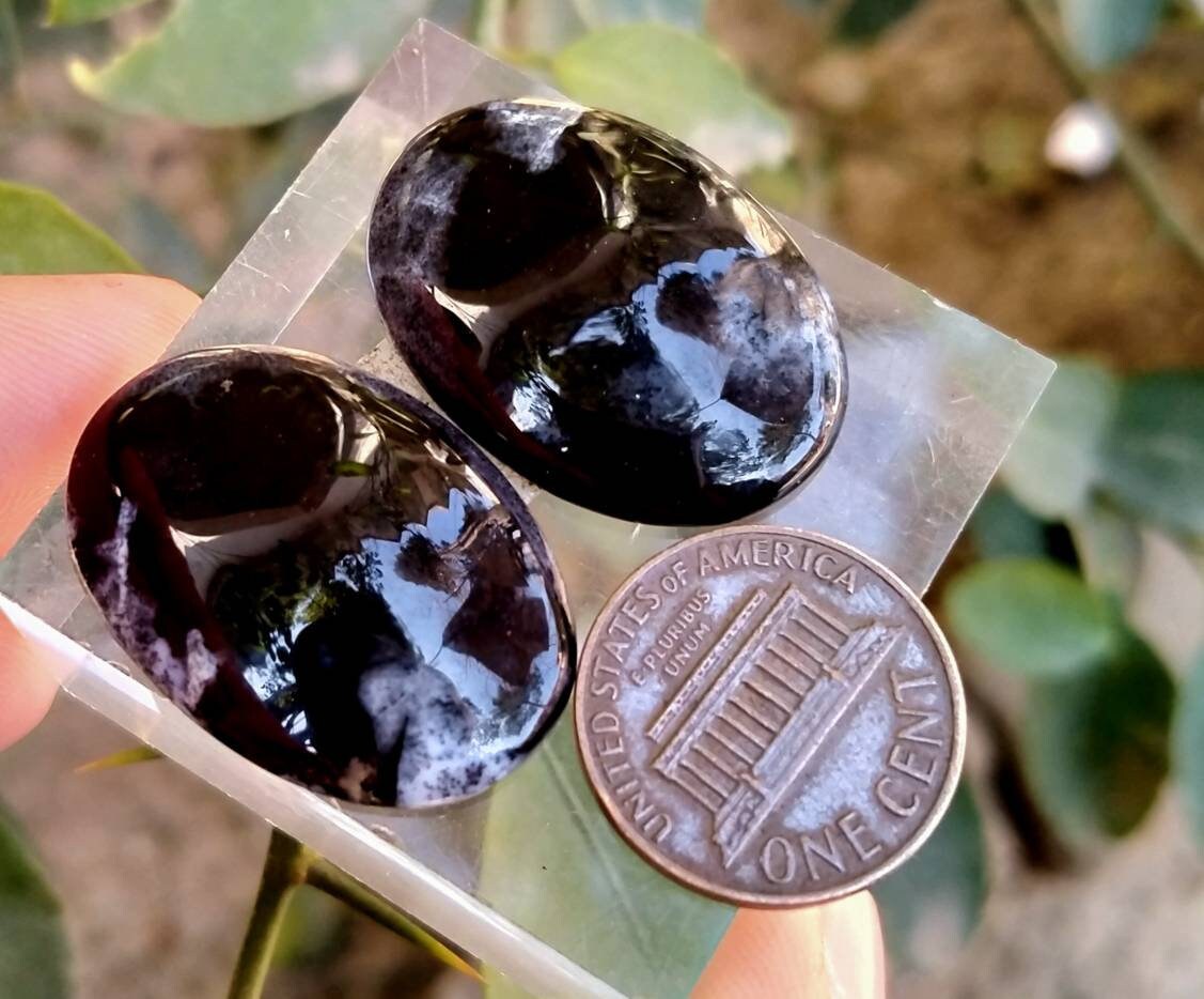 Natural Dendritic Opal Cabochons Pair, Untreated Gemstones