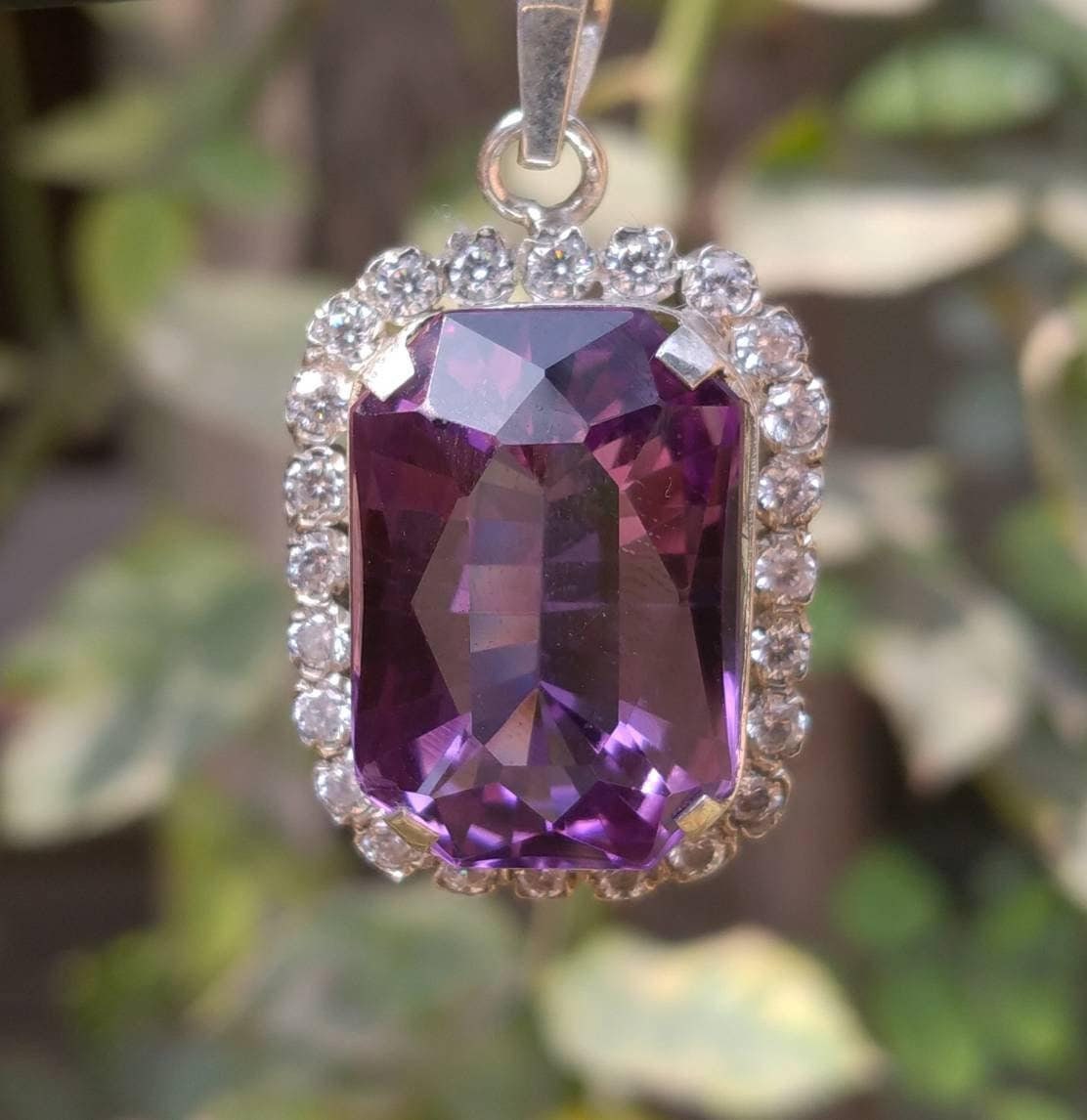 Faceted Amethyst Sterling Silver Pendant, Zircon Gem Halo