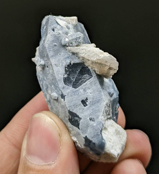 Natural rare indicolite blue quartz crystal with albite on matrix from Afghanistan, 26.6 grams