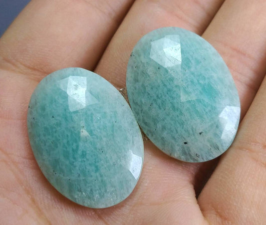 36 Carat Amazonite Cabochons Pair: Rose Cut Oval Gemstones