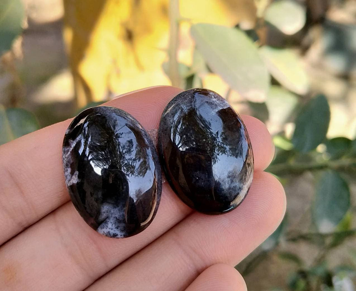 Natural Dendritic Opal Cabochons Pair, Untreated Gemstones