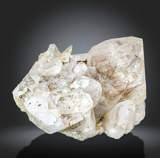 Golden rutile included quartz terminated clear self stand cluster from Pakistan, 235 grams