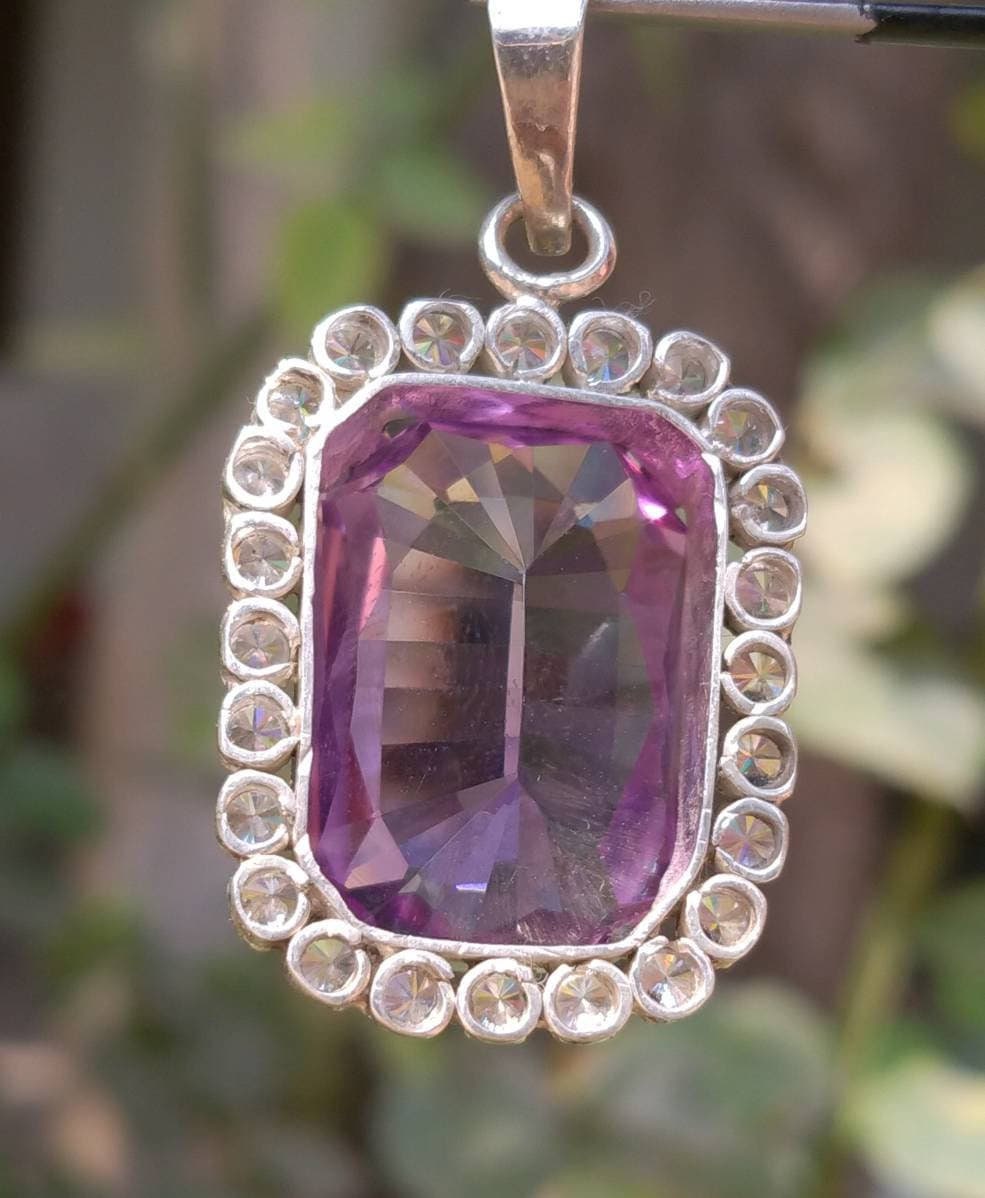 Faceted Amethyst Sterling Silver Pendant, Zircon Gem Halo