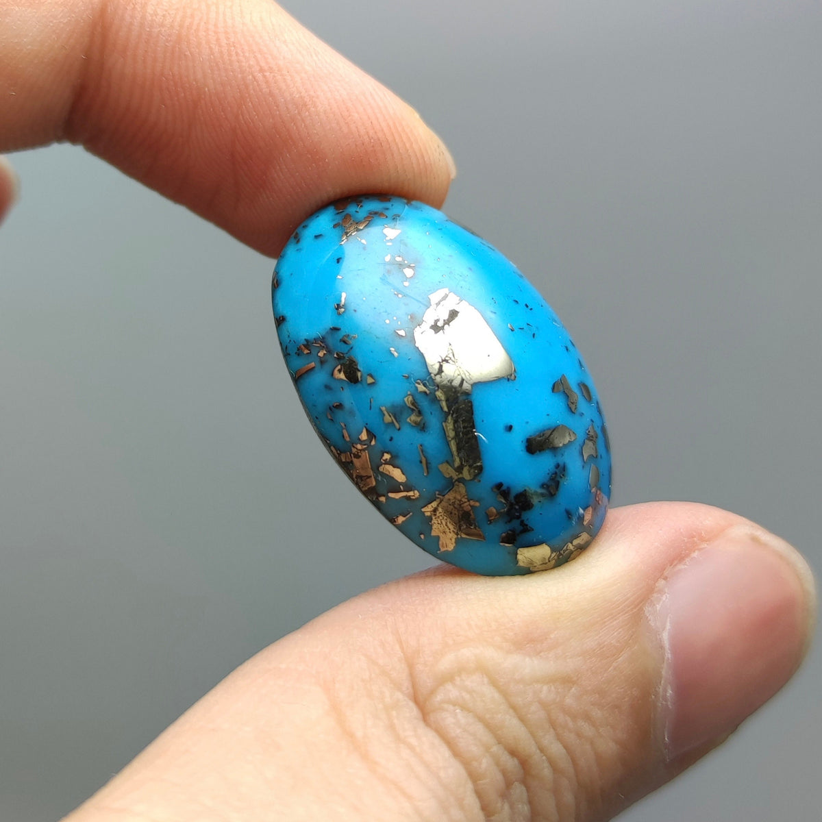 Natural blue turquoise with pyrite cabochon, stabilized, 8 grams