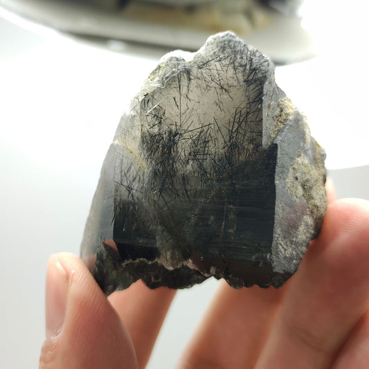 Natural blue rebeikite included quartz crystal from KP Pakistan, 82.7 grams
