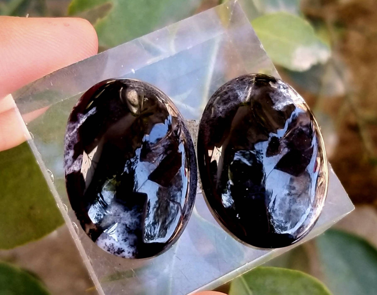 Natural Dendritic Opal Cabochons Pair, Untreated Gemstones