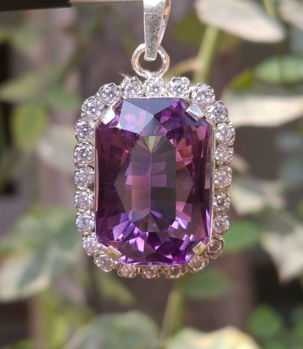 Faceted Amethyst Sterling Silver Pendant, Zircon Gem Halo