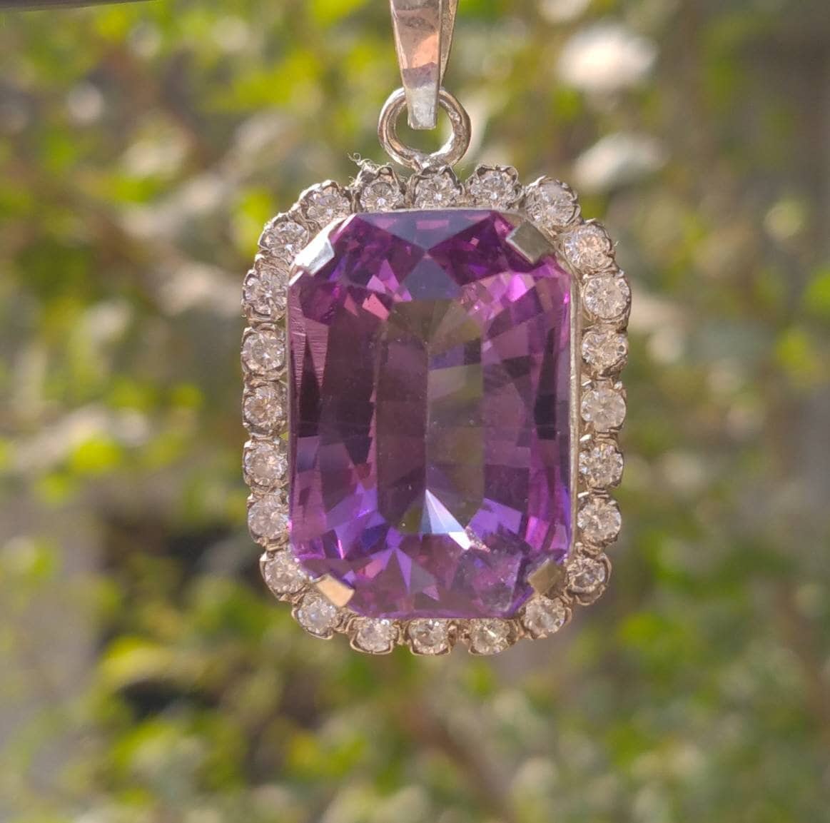 Faceted Amethyst Sterling Silver Pendant, Zircon Gem Halo