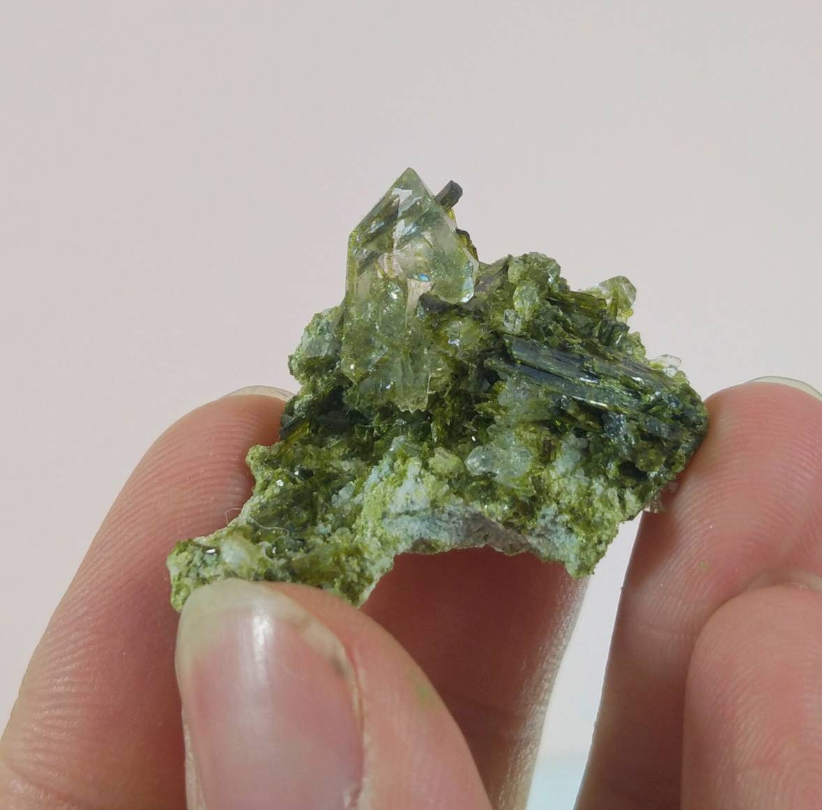 ARSAA GEMS AND MINERALSGreen epidote inclusion in transparent quartz crystal from Pakistan, weight: 9.4 grams - Premium  from ARSAA GEMS AND MINERALS - Just $30.00! Shop now at ARSAA GEMS AND MINERALS