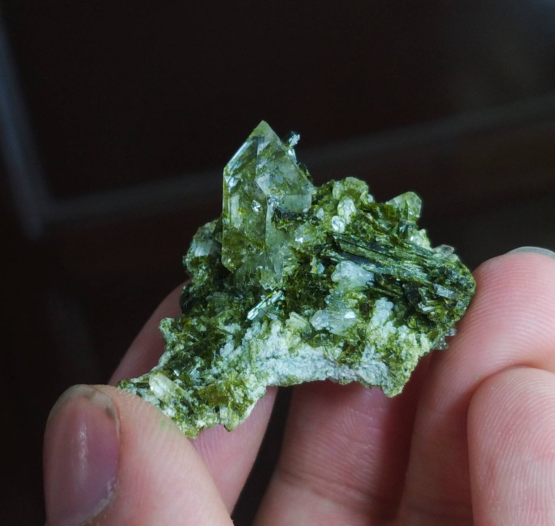 ARSAA GEMS AND MINERALSGreen epidote inclusion in transparent quartz crystal from Pakistan, weight: 9.4 grams - Premium  from ARSAA GEMS AND MINERALS - Just $30.00! Shop now at ARSAA GEMS AND MINERALS