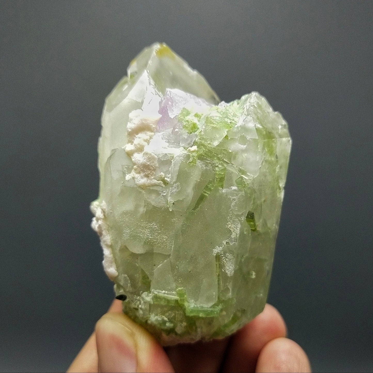 ARSAA GEMS AND MINERALSTerminated Quartz with tourmaline inclusions inside and out and two kunzite crystals are nested in its termination and it's base, 135 grams - Premium  from ARSAA GEMS AND MINERALS - Just $180.00! Shop now at ARSAA GEMS AND MINERALS